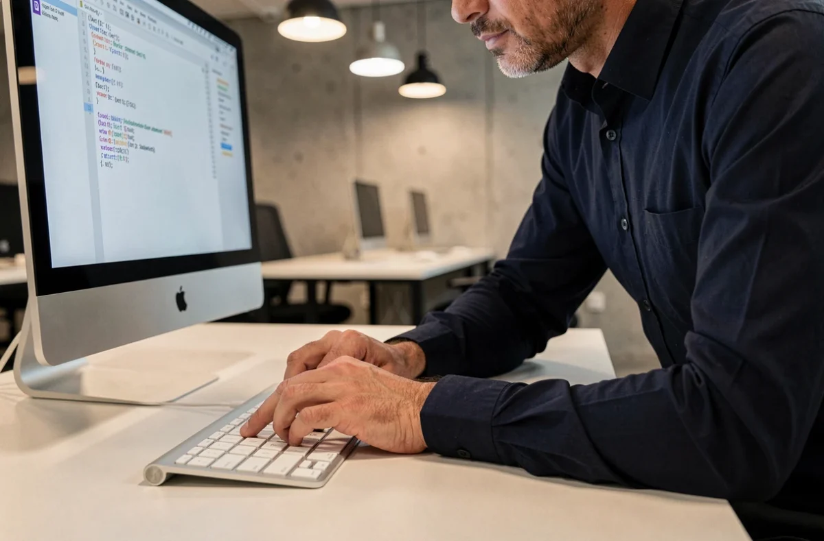 Homme utilisant les touches Option et Shift sur un Magic Keyboard Apple pour insérer des caractères spéciaux macOS