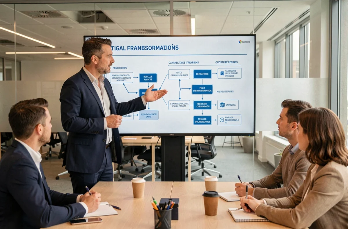 Consultant Sopra Steria présentant une stratégie de transformation digitale par l'IA dans une salle de réunion à Rennes