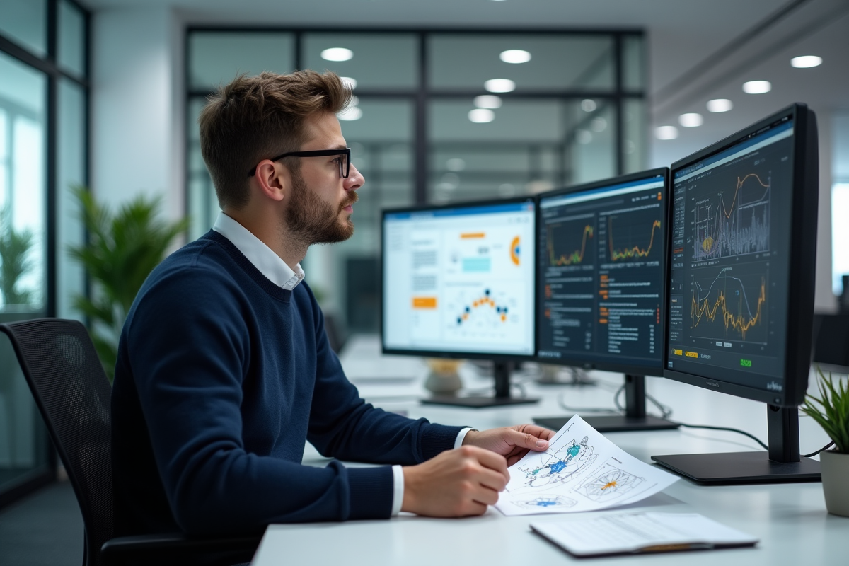 Jeune homme en informatique analysant des diagrammes