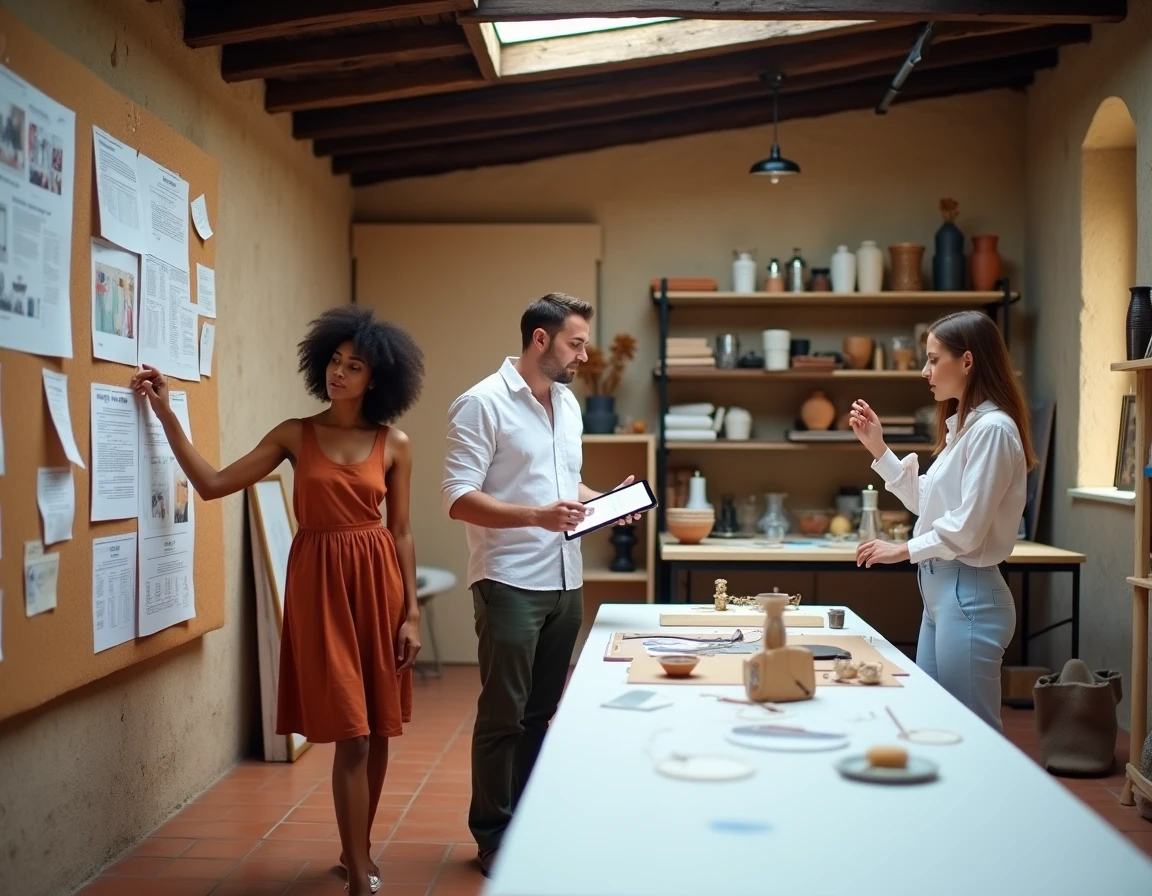Trio de créatifs techniques dans un studio artisanal provençal travaillant sur moodboards et prototypes pour Studio Digital Provence-Alpes-Côte d'Azur