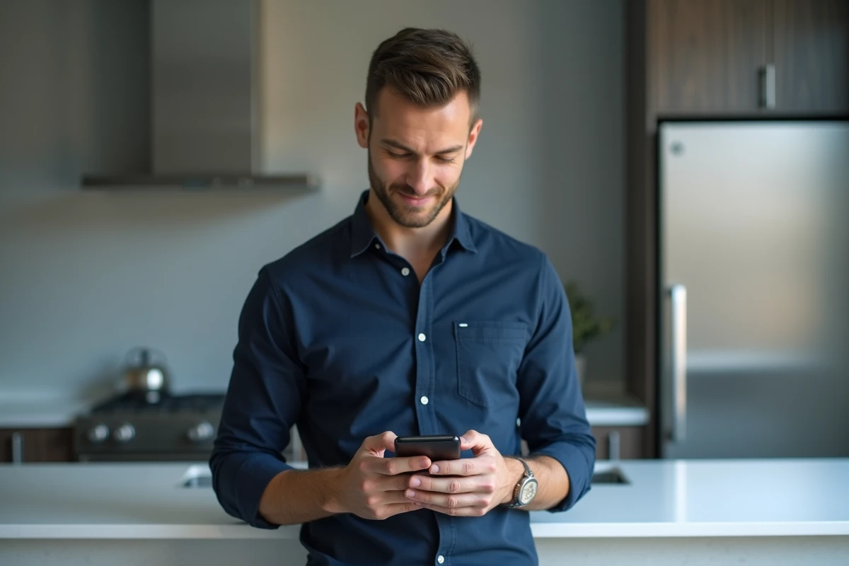 Homme supprimant des applications inutiles pour libérer de l'espace mémoire sur son smartphone dans une cuisine moderne