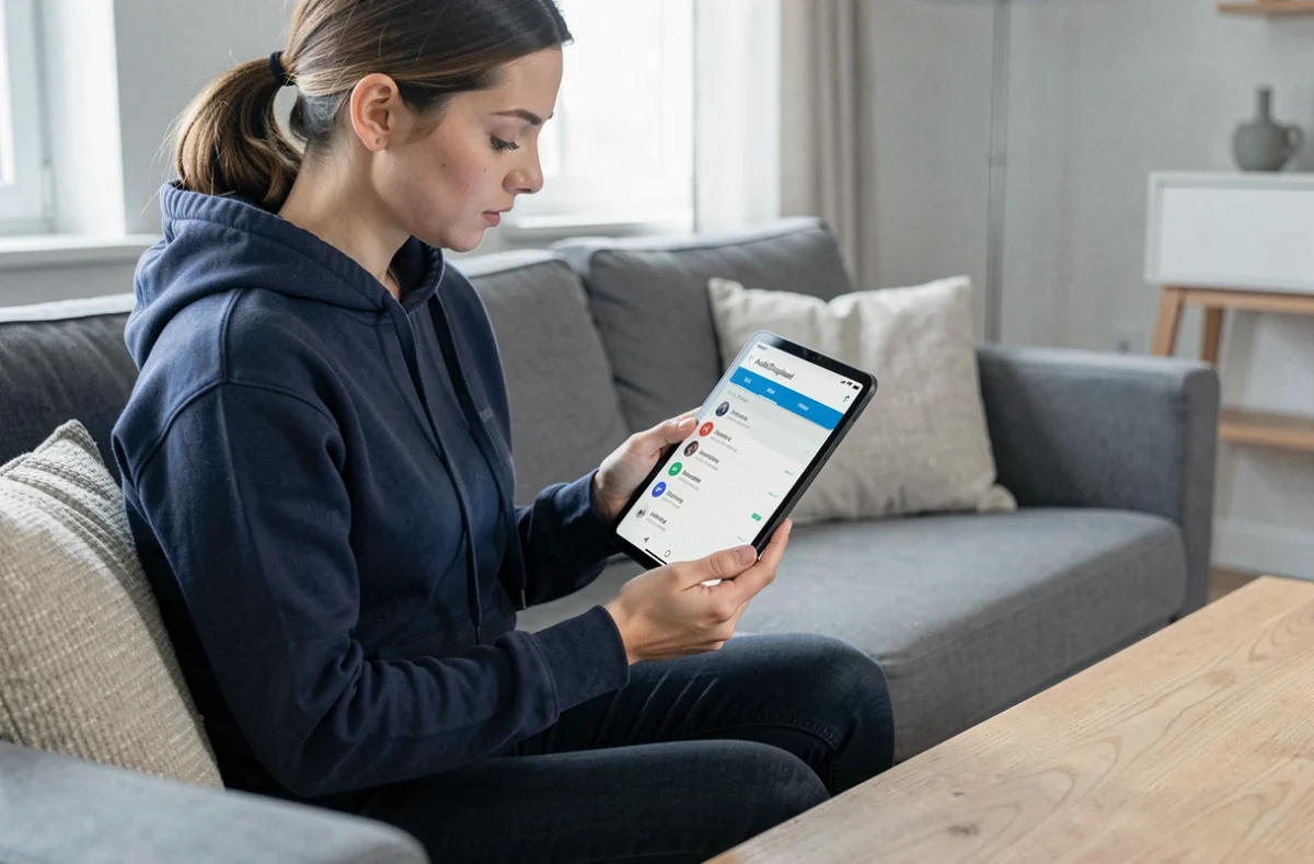 Femme désactivant une notification persistante AudioDisplayed dans les paramètres Android sur une tablette dans un salon moderne
