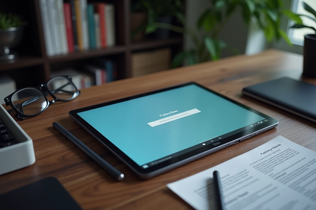 Tablette Samsung ouverte sur le menu de réinitialisation d'usine posée sur un bureau en bois avec des instructions imprimées