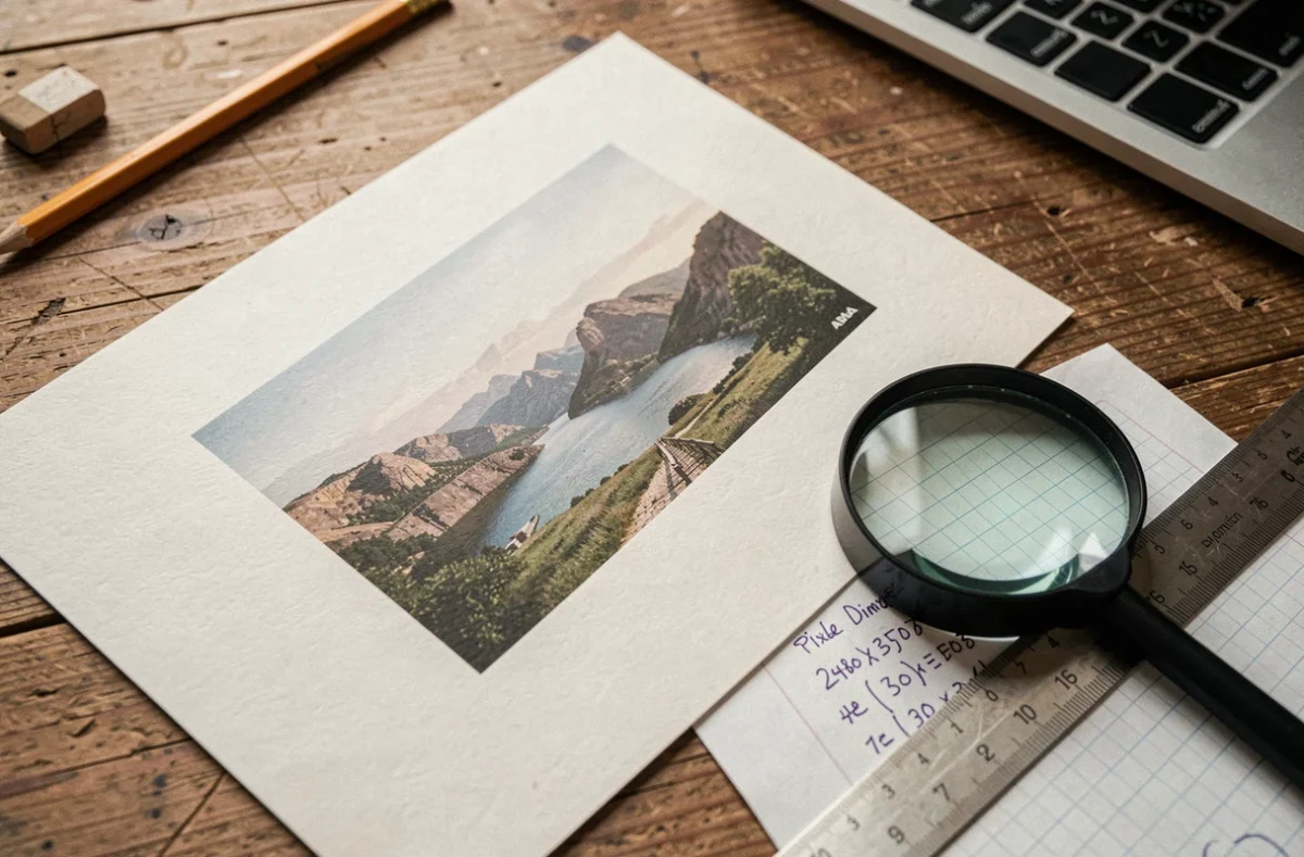Gros plan d'une impression A4 avec règle et loupe montrant les détails de résolution en pixels pour une impression parfaite