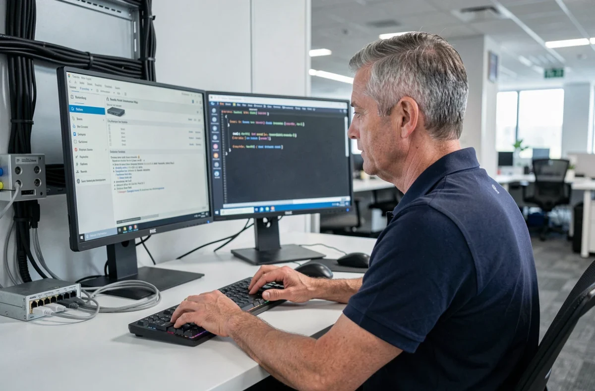 Technicien réseau configurant les paramètres de connexion sur un double écran dans un bureau professionnel