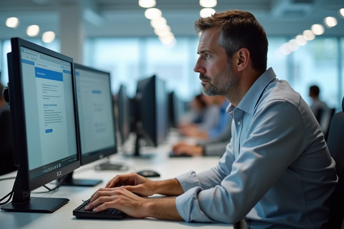 Technicien informatique universitaire configurant Zimbra sur Outlook avec deux écrans dans un open space