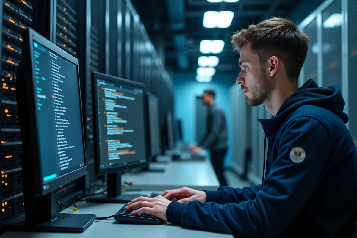 Jeune technicien informatique surveillant des serveurs en salle