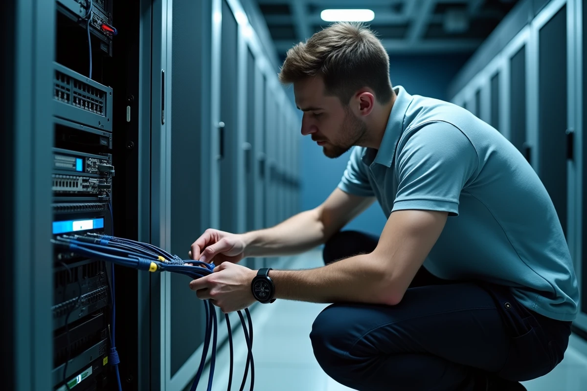 Technicien installant l'infrastructure télécom et réseau dans la salle serveur d'un hôtel, représentant les coulisses de la connectivité hôtelière sans rupture
