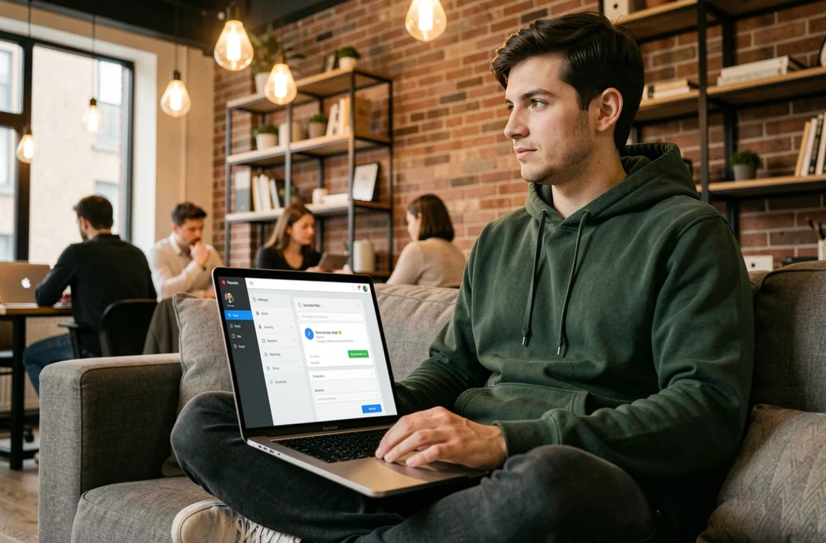 Technicien informatique configurant les paramètres essentiels de Tchap sur laptop dans un espace de coworking
