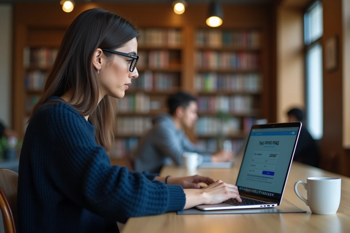 Jeune femme effectuant un test de rapidité de frappe sur ordinateur portable dans un espace de coworking