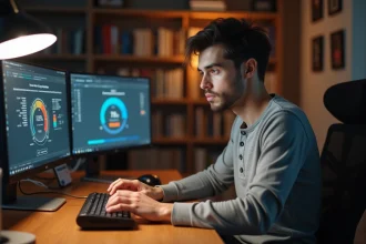 Homme tapant rapidement sur un clavier mécanique avec des graphiques de progression de vitesse affichés sur les écrans