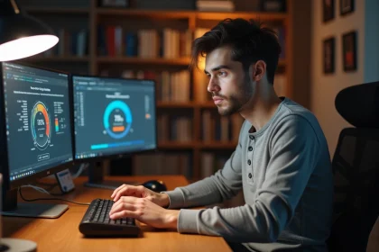 Homme tapant rapidement sur un clavier mécanique avec des graphiques de progression de vitesse affichés sur les écrans