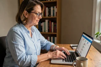 Femme transférant ses contacts Alice vers Free sur un ordinateur portable depuis son bureau à domicile