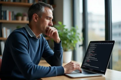 Homme consultant son adresse IP v4 sur un ordinateur portable dans un bureau à domicile