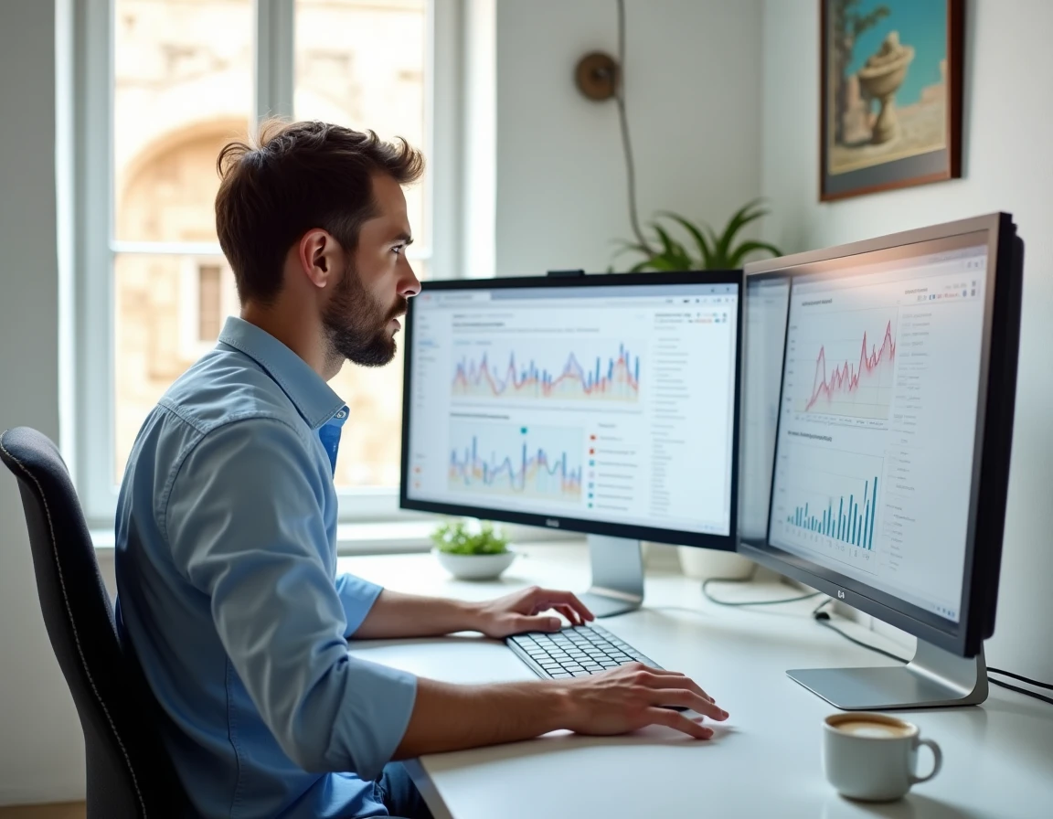 Développeur web masculin analysant des données SEO et référencement local sur deux écrans dans un studio lumineux d'Aix-en-Provence pour VisiaLocal