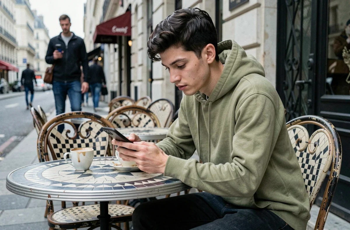 Personne consultant un profil Instagram de manière discrète sur smartphone en terrasse de café parisien, représentant la curiosité sur les réseaux sociaux