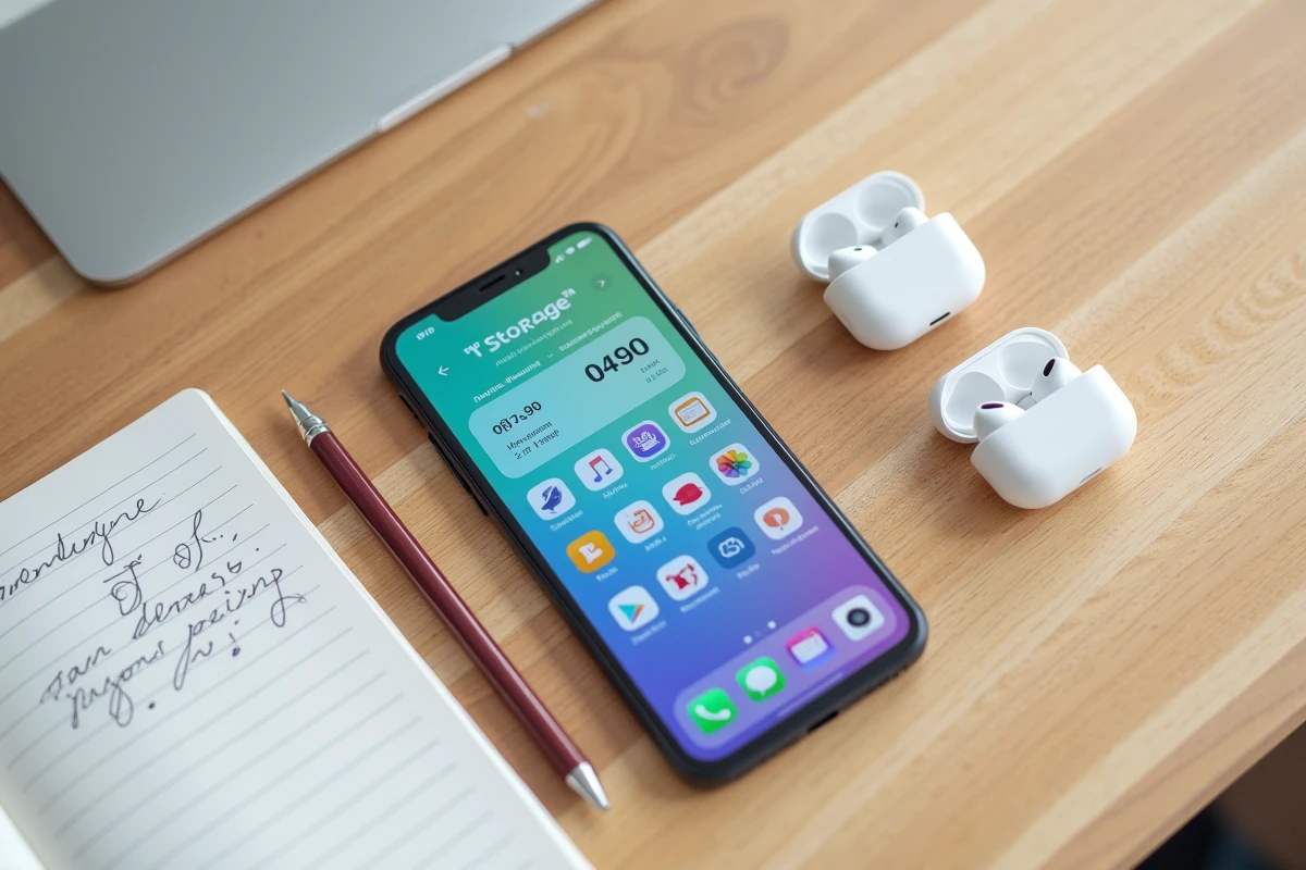 Vue aérienne d'un smartphone affichant les statistiques de mémoire posé sur un bureau en bois avec un carnet de notes